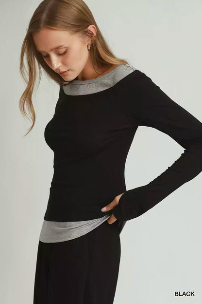 Umgee Layered Twofer Long Sleeve Top - Bitsy Gypsy Boutique