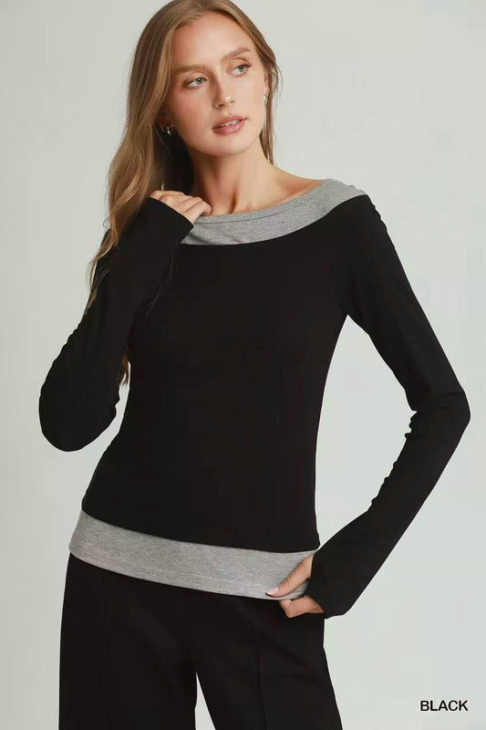 Umgee Layered Twofer Long Sleeve Top - Bitsy Gypsy Boutique