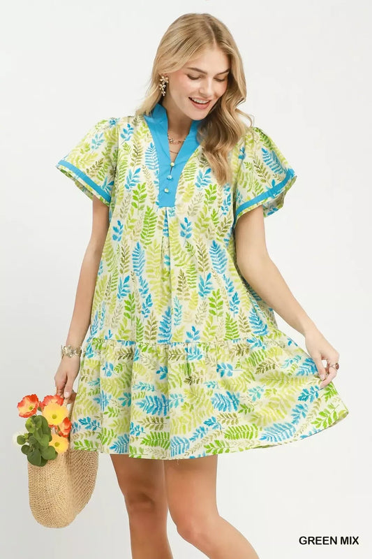 Umgee Leaf Print Flutter Sleeve Tiered Mini Dress - Bitsy Gypsy Boutique
