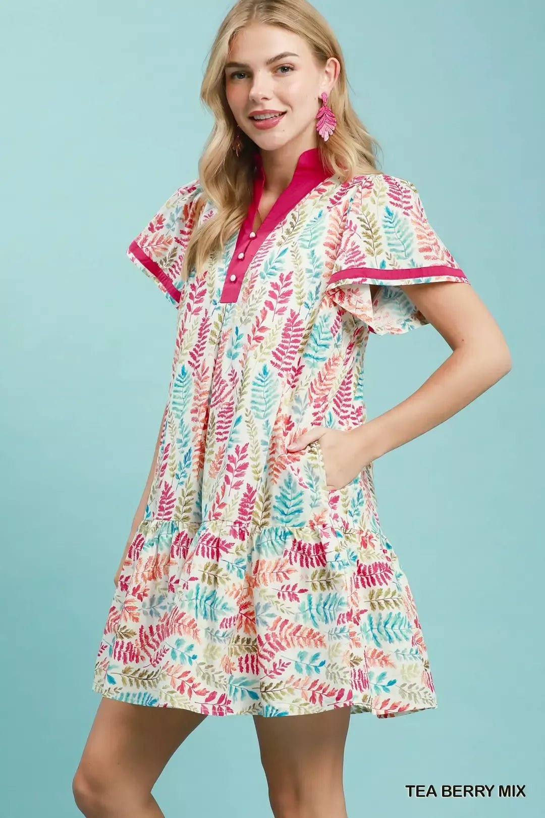 Umgee Leaf Print Flutter Sleeve Tiered Mini Dress - Bitsy Gypsy Boutique