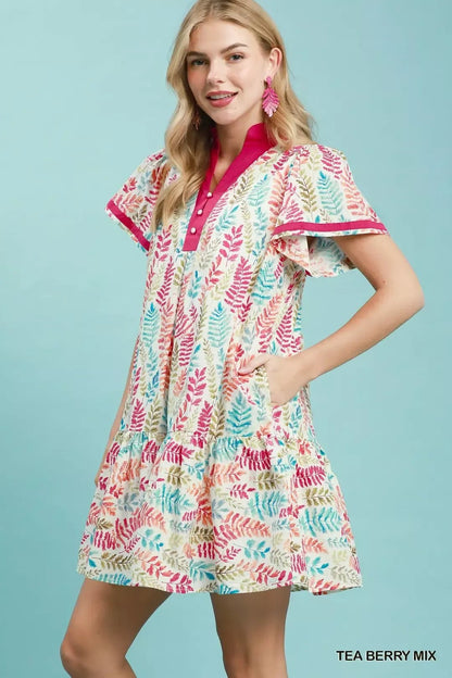 Umgee Leaf Print Flutter Sleeve Tiered Mini Dress - Bitsy Gypsy Boutique
