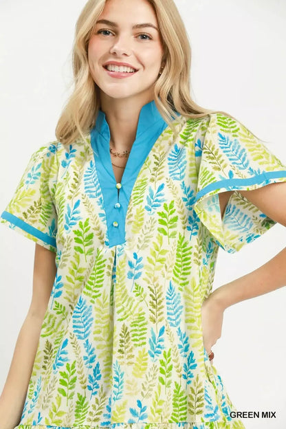 Umgee Leaf Print Flutter Sleeve Tiered Mini Dress - Bitsy Gypsy Boutique