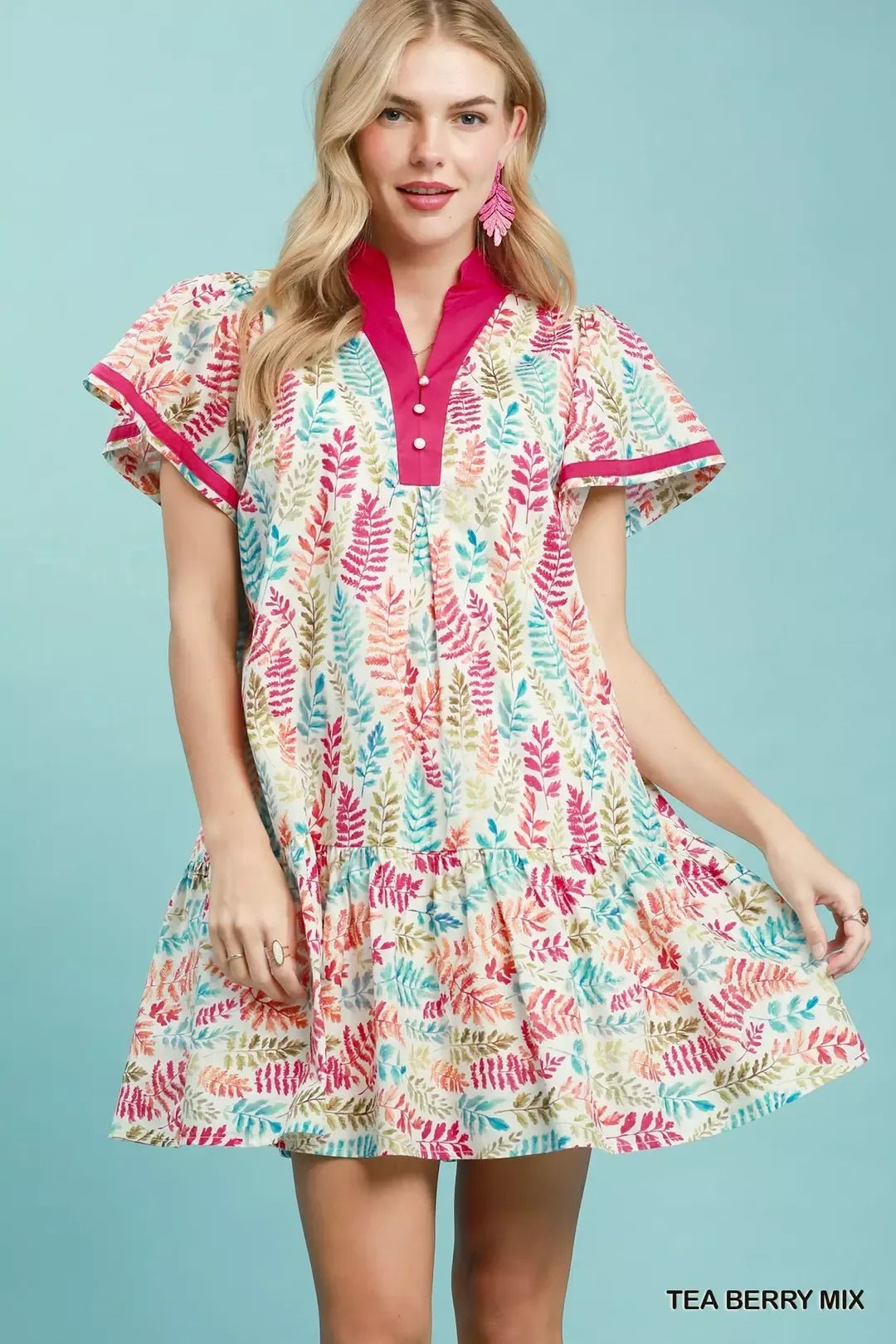 Umgee Leaf Print Flutter Sleeve Tiered Mini Dress - Bitsy Gypsy Boutique
