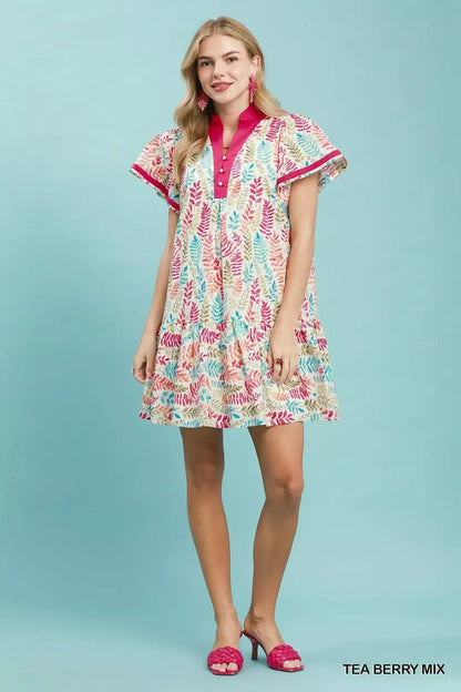 Umgee Leaf Print Flutter Sleeve Tiered Mini Dress - Bitsy Gypsy Boutique