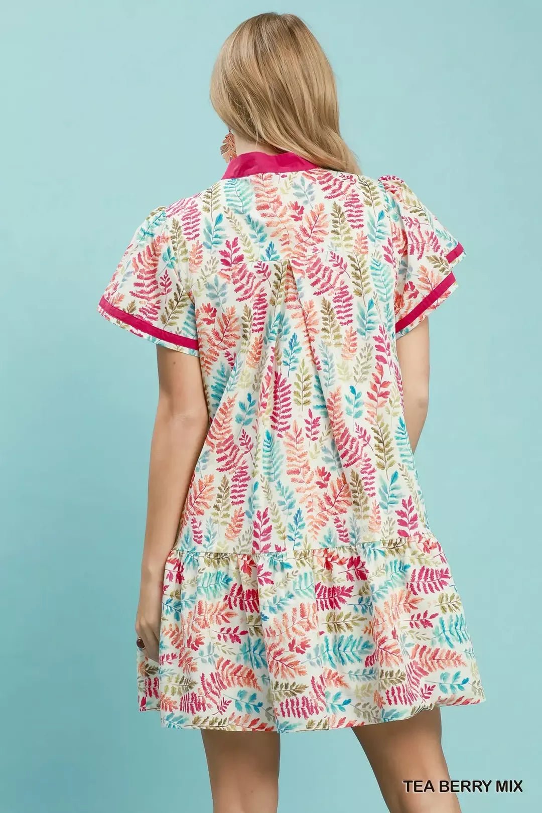 Umgee Leaf Print Flutter Sleeve Tiered Mini Dress - Bitsy Gypsy Boutique