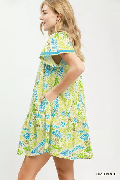 Umgee Leaf Print Flutter Sleeve Tiered Mini Dress - Bitsy Gypsy Boutique