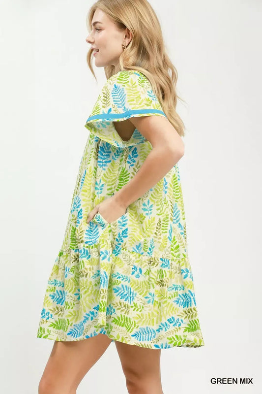 Umgee Leaf Print Flutter Sleeve Tiered Mini Dress - Bitsy Gypsy Boutique