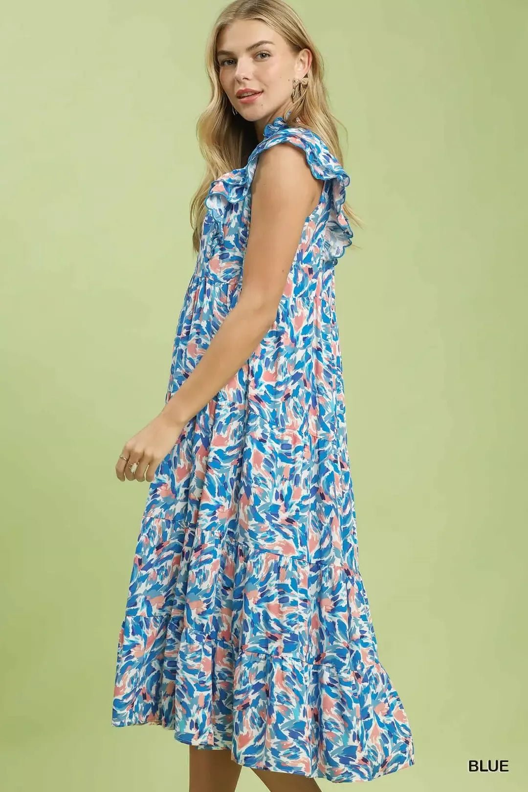 Umgee Leaf Print Midi Tiered Dress with Side Pockets - Bitsy Gypsy Boutique
