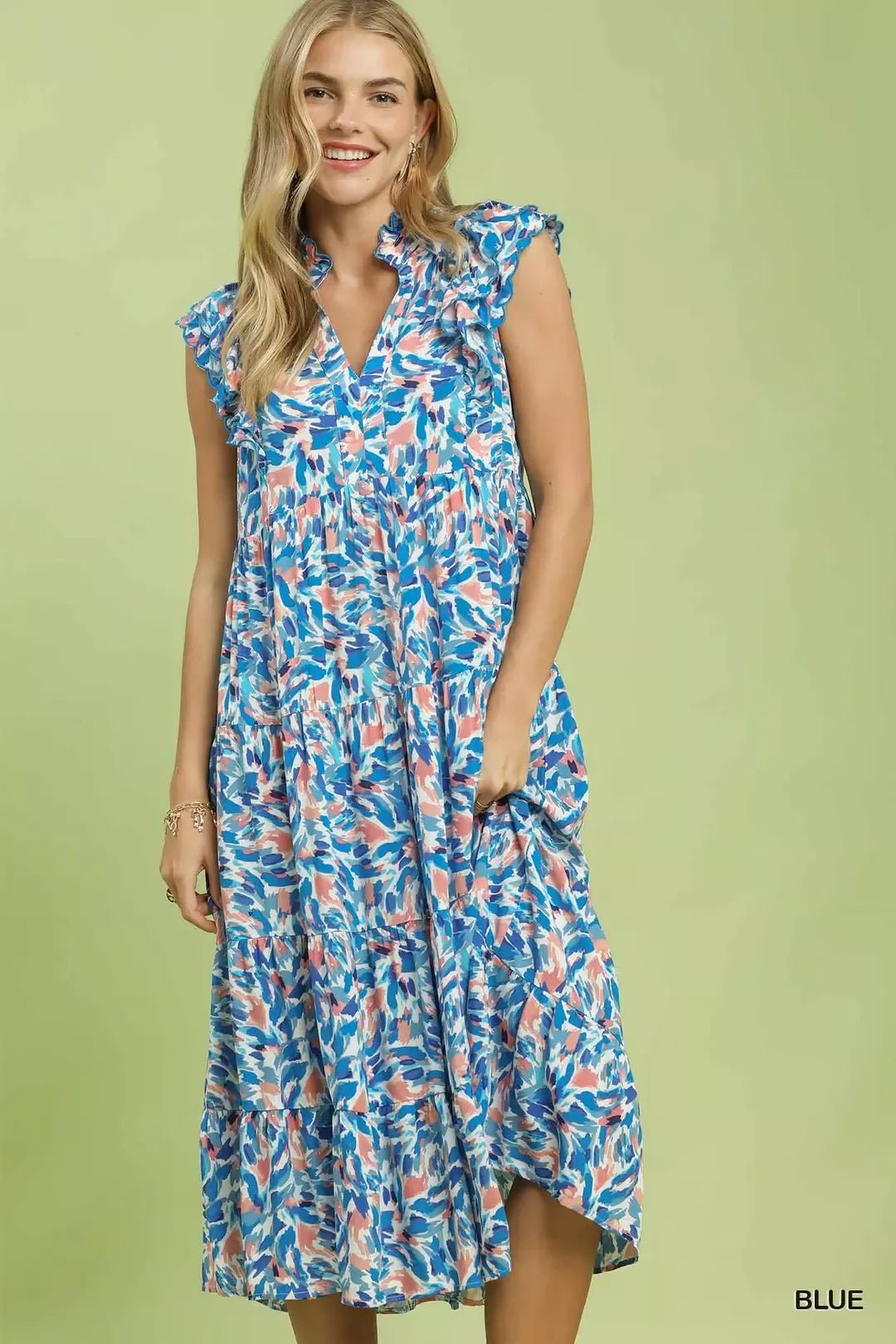 Umgee Leaf Print Midi Tiered Dress with Side Pockets - Bitsy Gypsy Boutique