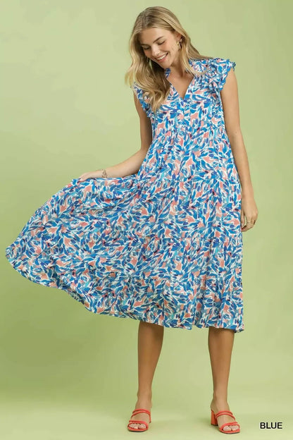Umgee Leaf Print Midi Tiered Dress with Side Pockets - Bitsy Gypsy Boutique