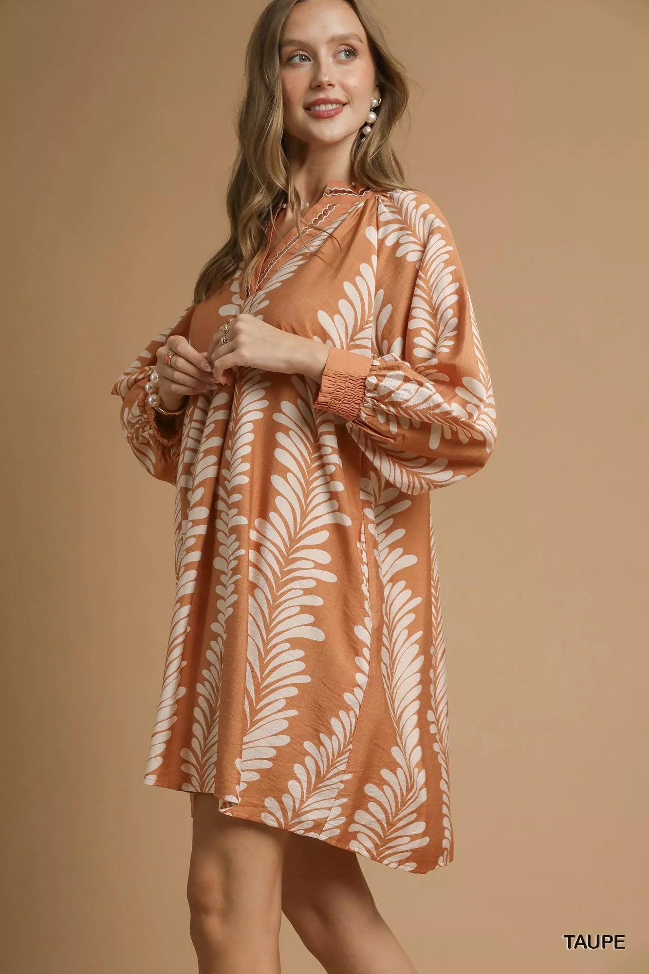 Umgee Leaf Print Notched Mini Babydoll Dress - Bitsy Gypsy Boutique