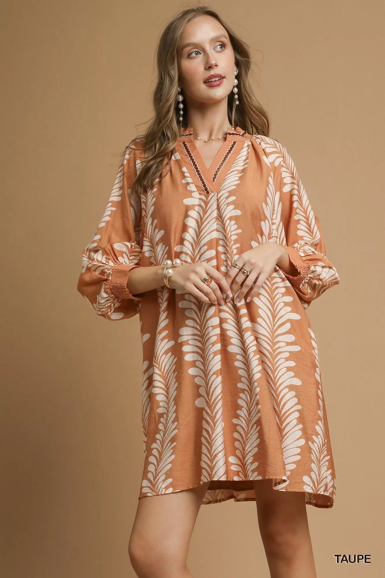 Umgee Leaf Print Notched Mini Babydoll Dress - Bitsy Gypsy Boutique