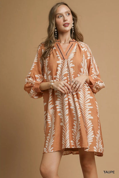 Umgee Leaf Print Notched Mini Babydoll Dress - Bitsy Gypsy Boutique