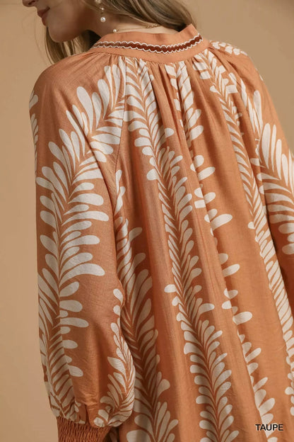 Umgee Leaf Print Notched Mini Babydoll Dress - Bitsy Gypsy Boutique