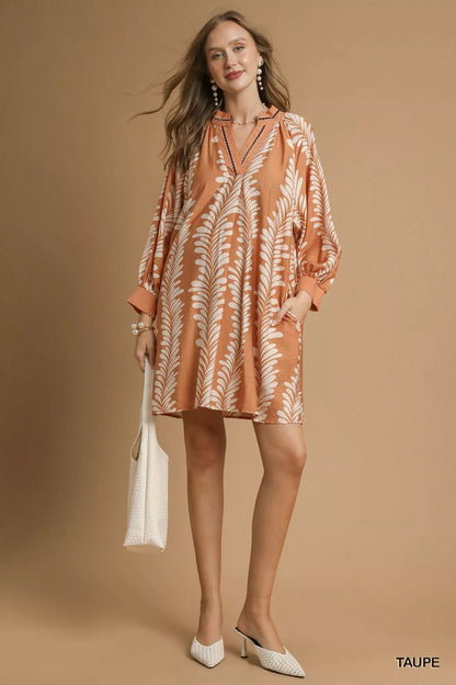 Umgee Leaf Print Notched Mini Babydoll Dress - Bitsy Gypsy Boutique