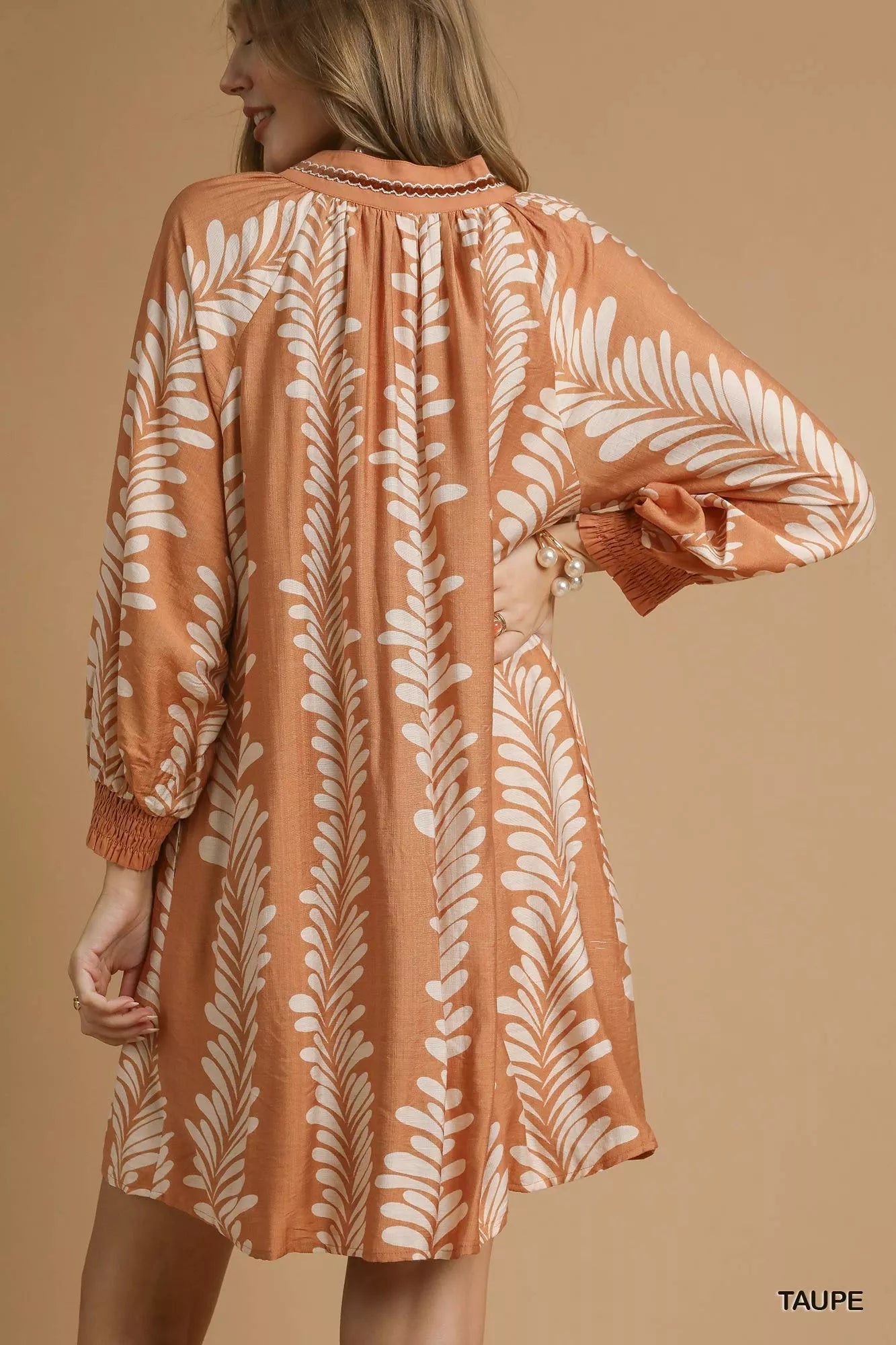 Umgee Leaf Print Notched Mini Babydoll Dress - Bitsy Gypsy Boutique