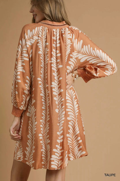 Umgee Leaf Print Notched Mini Babydoll Dress - Bitsy Gypsy Boutique