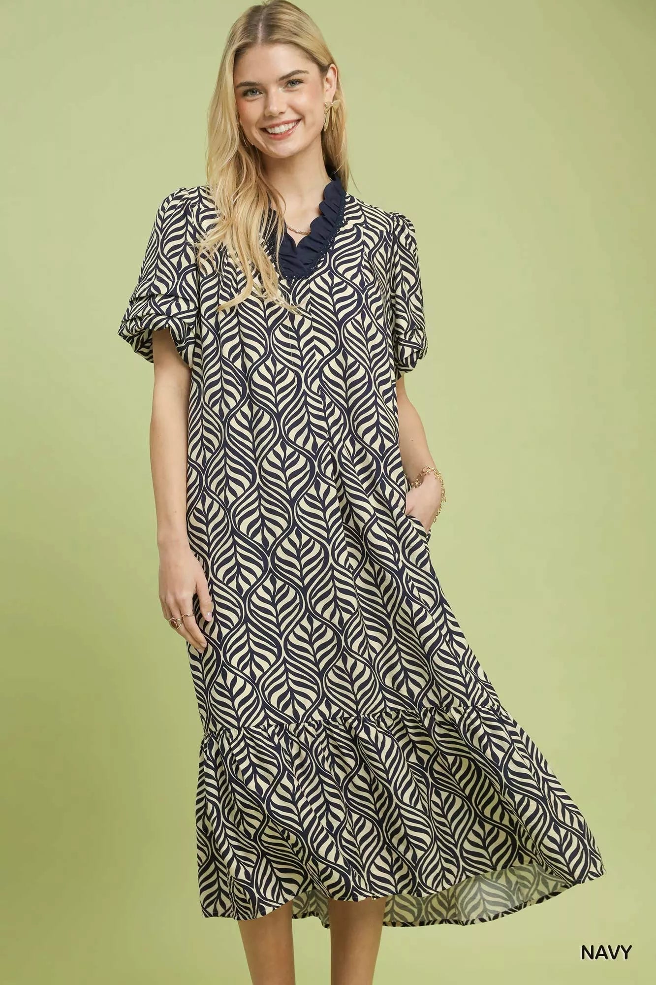 Umgee Leaf Print Ruffle Neck Midi Dress - Bitsy Gypsy Boutique