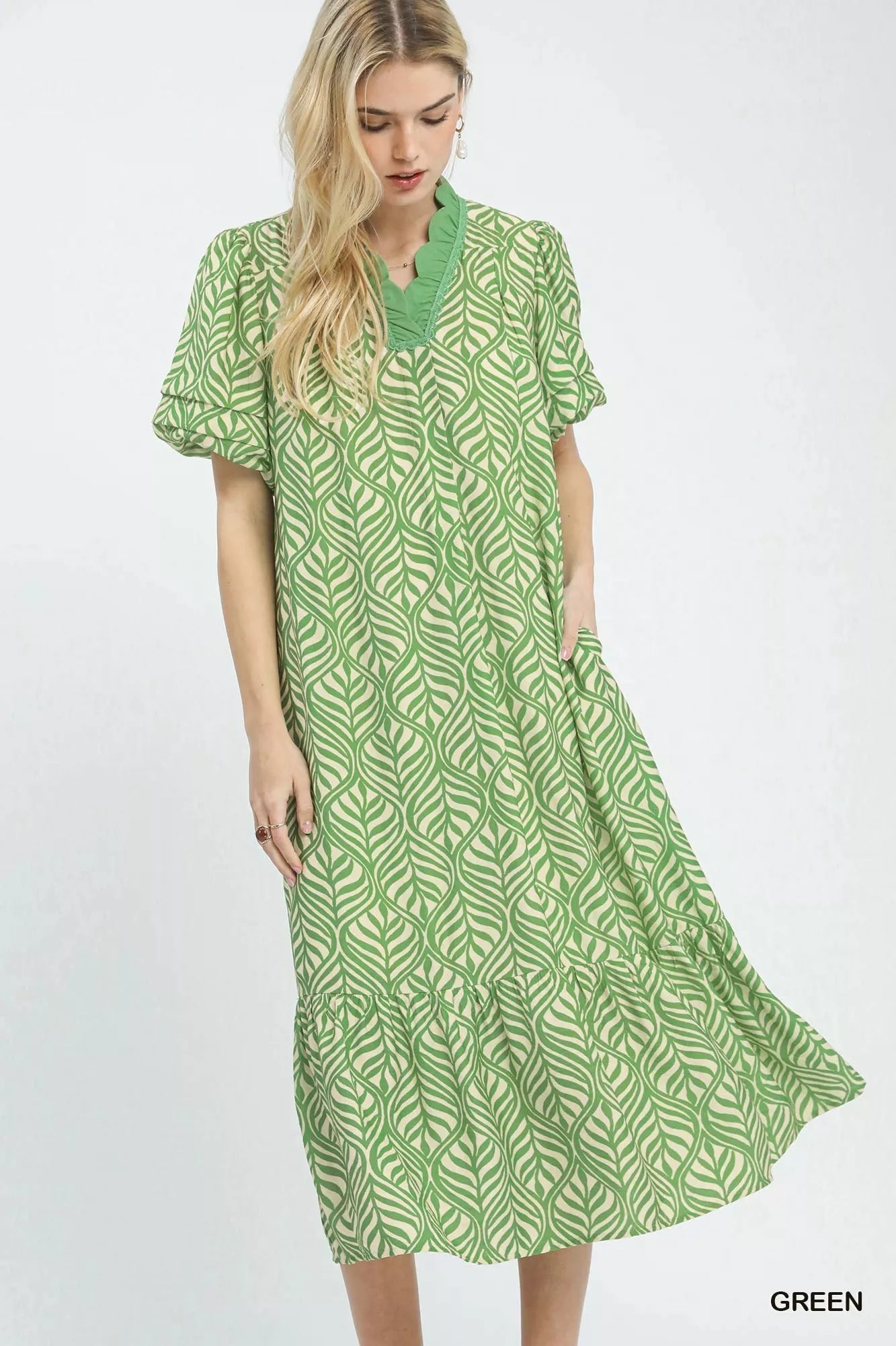 Umgee Leaf Print Ruffle Neck Midi Dress - Bitsy Gypsy Boutique