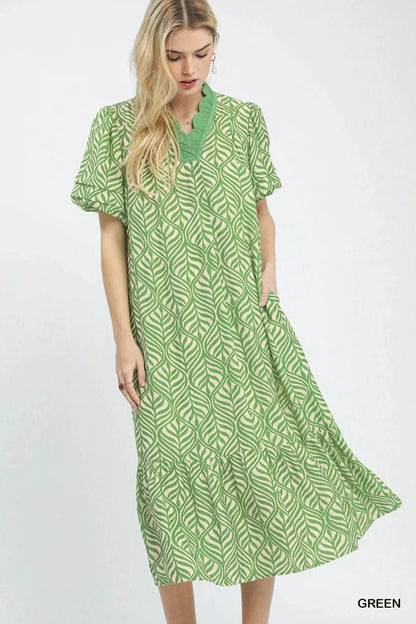 Umgee Leaf Print Ruffle Neck Midi Dress - Bitsy Gypsy Boutique