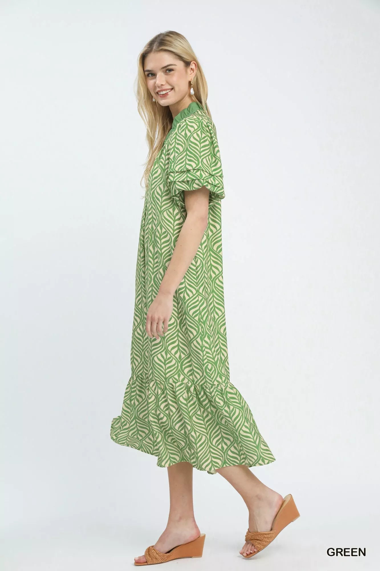 Umgee Leaf Print Ruffle Neck Midi Dress - Bitsy Gypsy Boutique