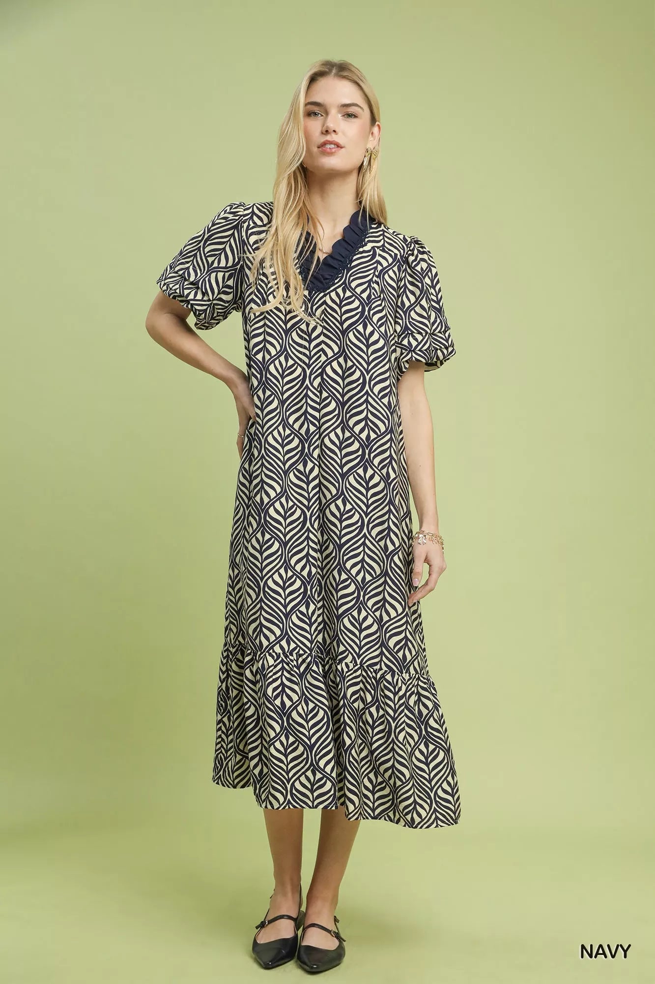 Umgee Leaf Print Ruffle Neck Midi Dress - Bitsy Gypsy Boutique