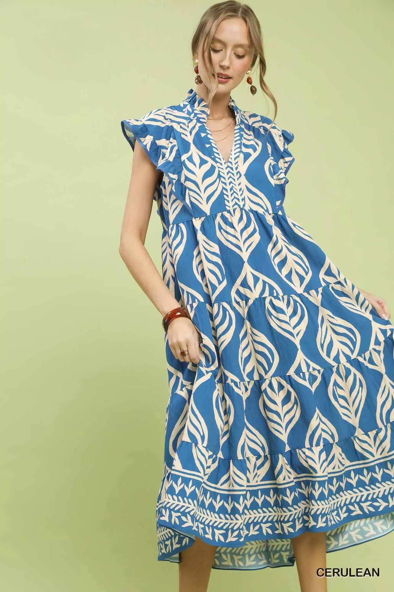 Umgee Leaf Print Tiered Midi Dress with Pockets - Bitsy Gypsy Boutique