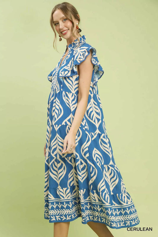 Umgee Leaf Print Tiered Midi Dress with Pockets - Bitsy Gypsy Boutique