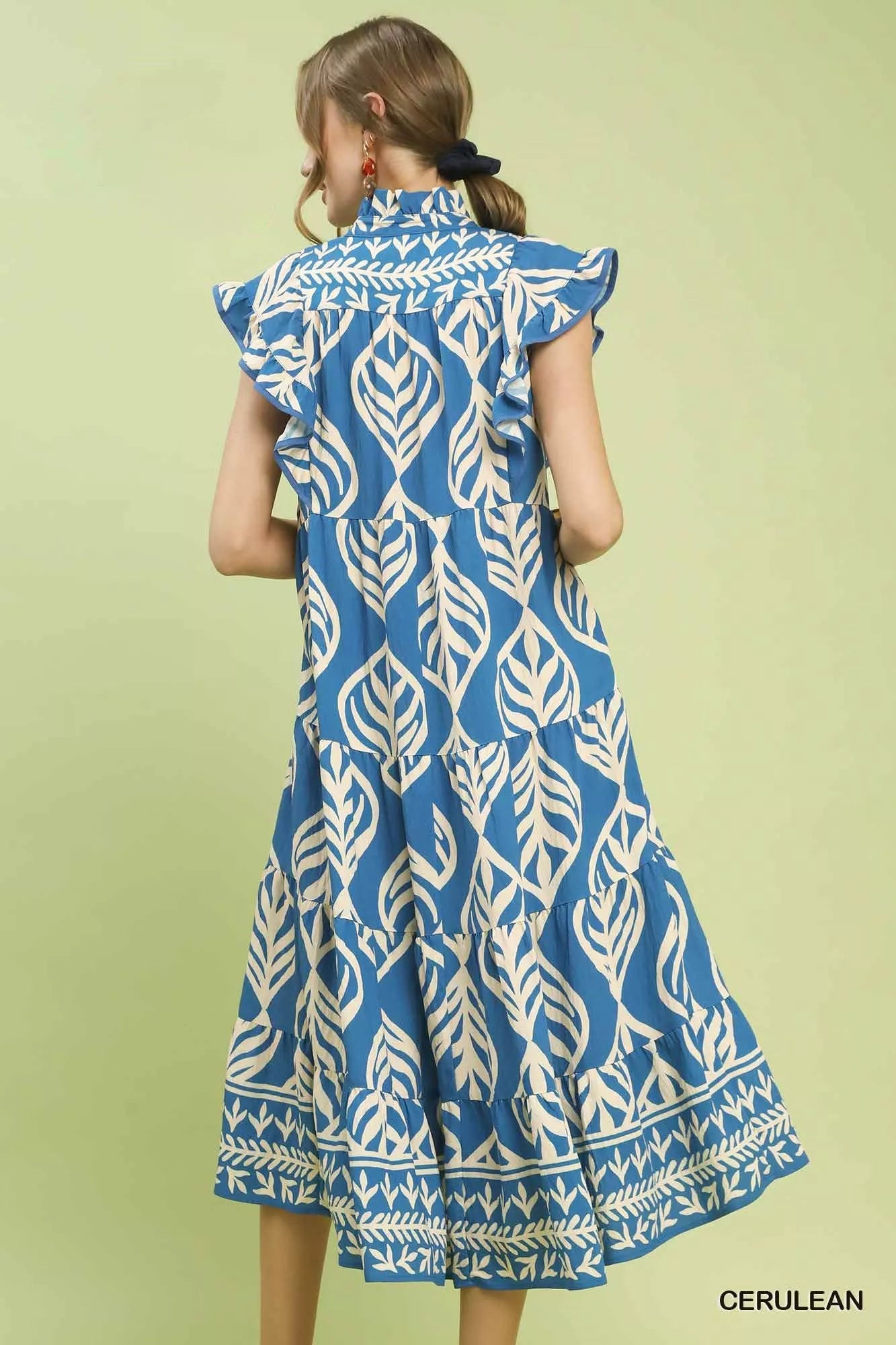 Umgee Leaf Print Tiered Midi Dress with Pockets - Bitsy Gypsy Boutique