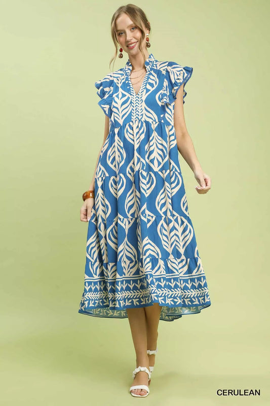Umgee Leaf Print Tiered Midi Dress with Pockets - Bitsy Gypsy Boutique
