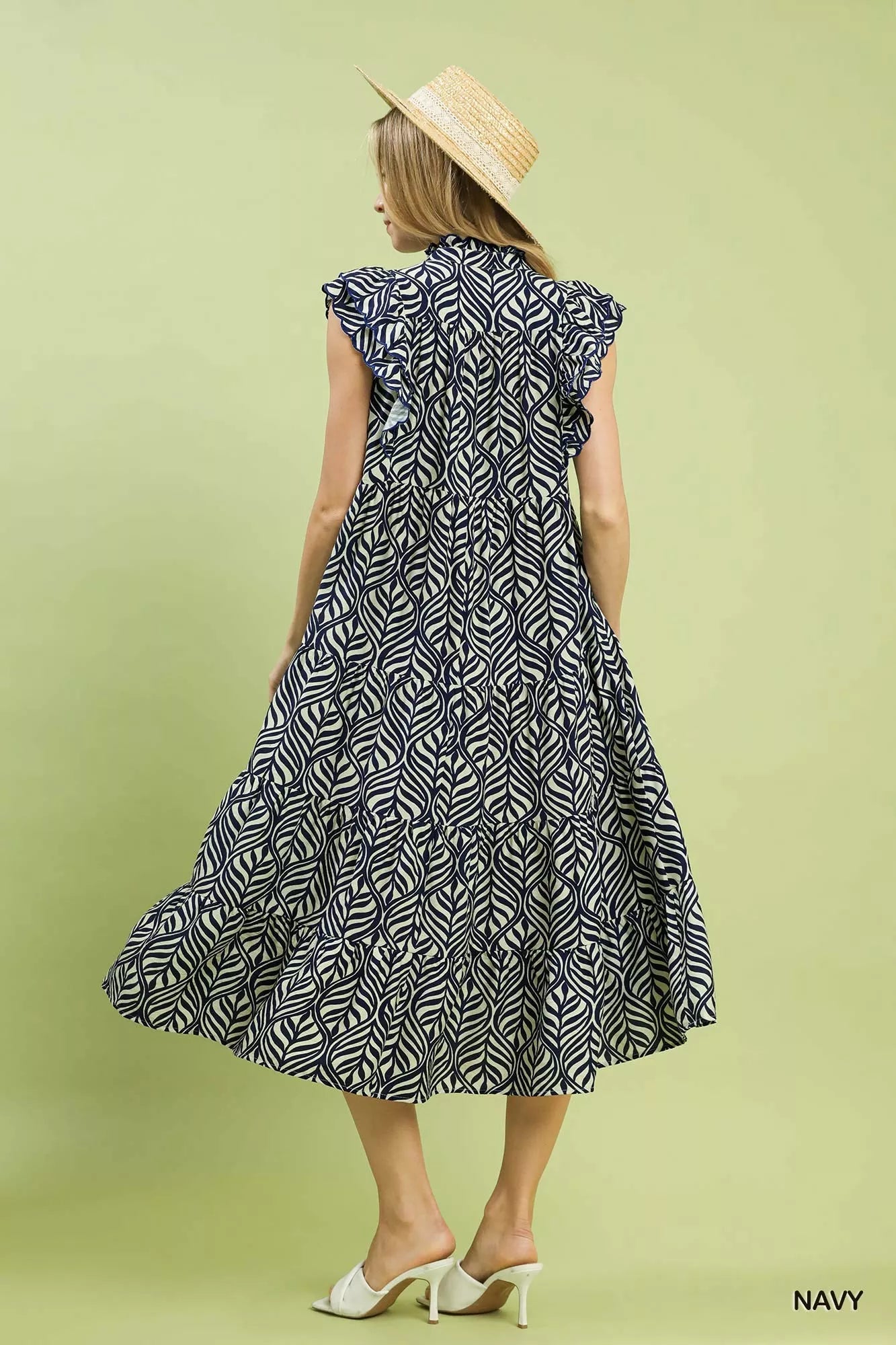 Umgee Leaf Print Tiered Midi Dress with Ruffle Detail - Bitsy Gypsy Boutique