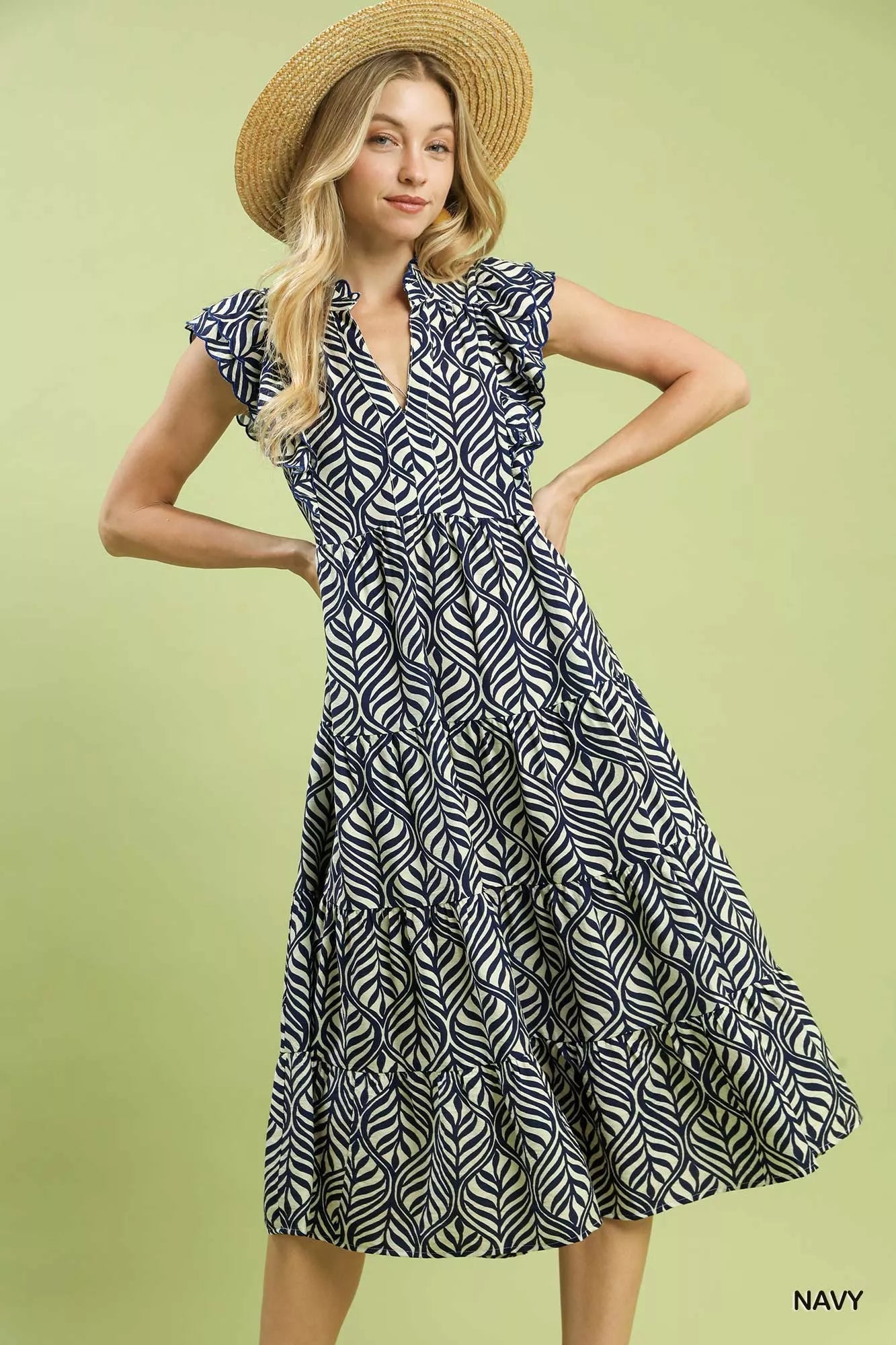 Umgee Leaf Print Tiered Midi Dress with Ruffle Detail - Bitsy Gypsy Boutique