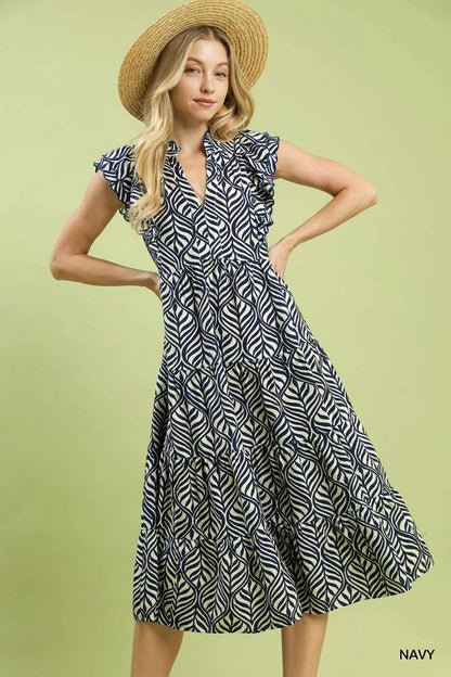 Umgee Leaf Print Tiered Midi Dress with Ruffle Detail - Bitsy Gypsy Boutique
