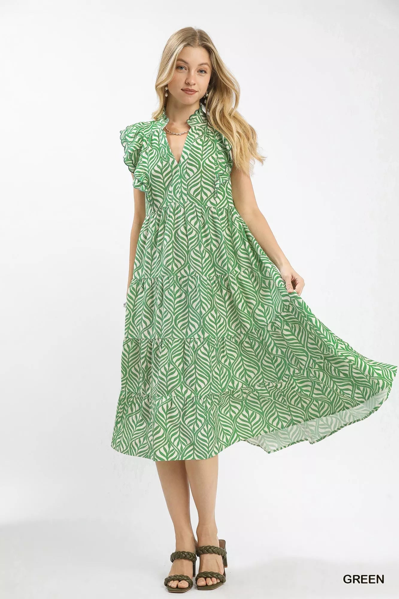 Umgee Leaf Print Tiered Midi Dress with Ruffle Detail - Bitsy Gypsy Boutique