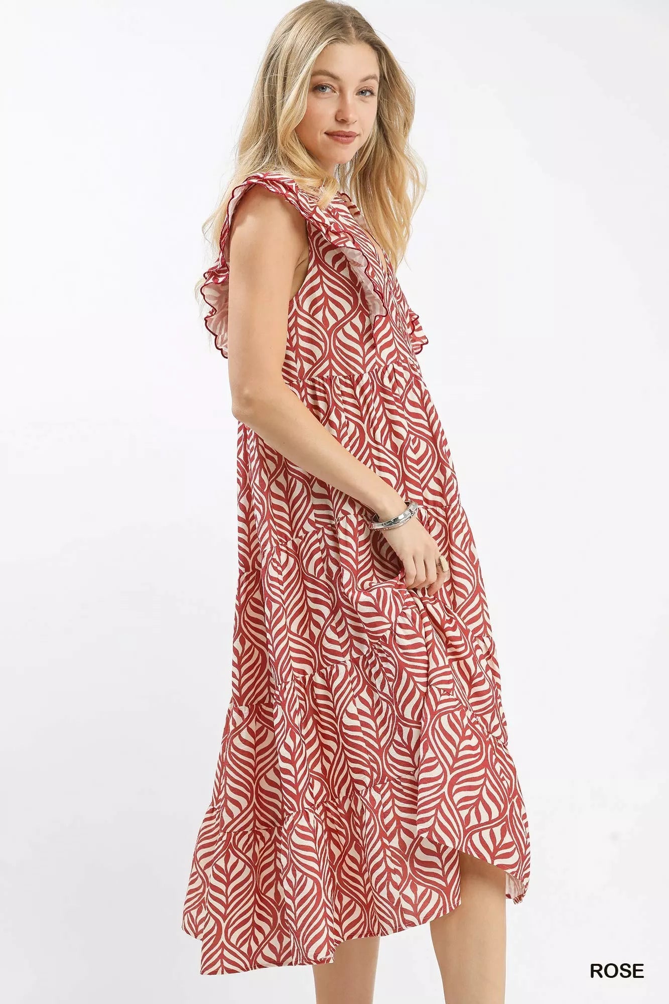 Umgee Leaf Print Tiered Midi Dress with Ruffle Detail - Bitsy Gypsy Boutique