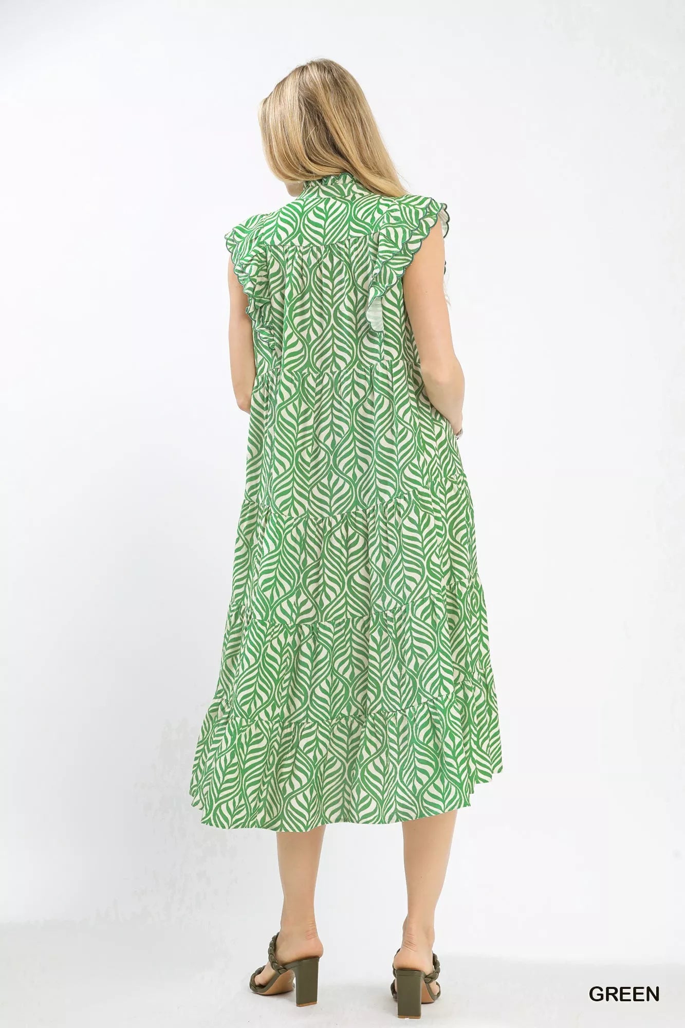 Umgee Leaf Print Tiered Midi Dress with Ruffle Detail - Bitsy Gypsy Boutique
