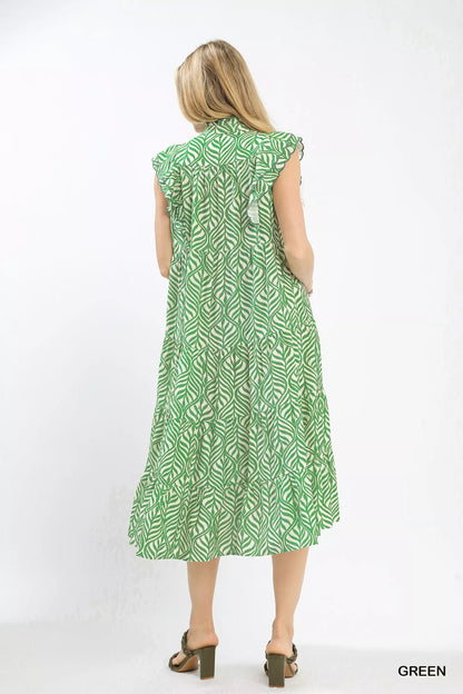 Umgee Leaf Print Tiered Midi Dress with Ruffle Detail - Bitsy Gypsy Boutique