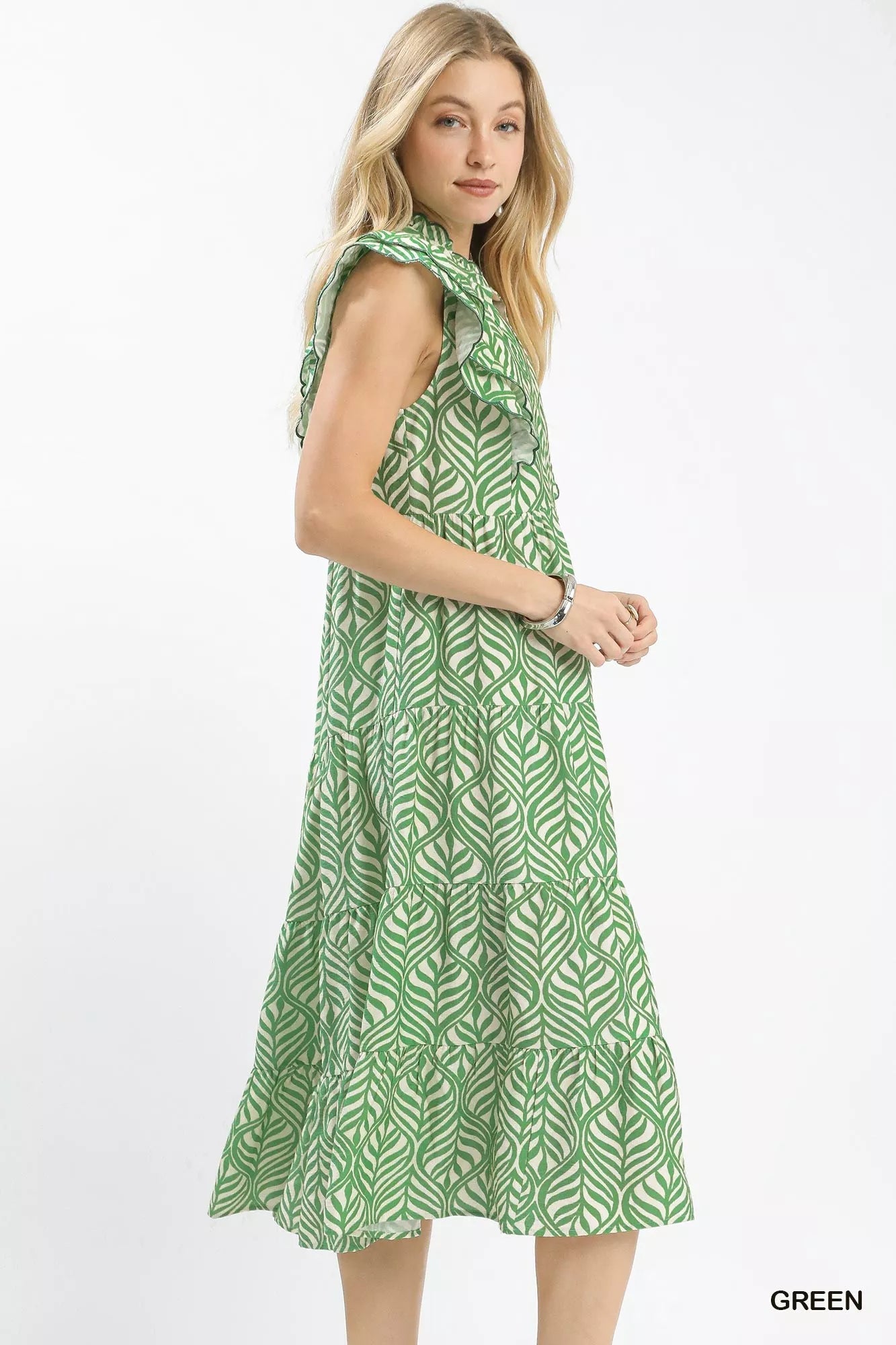Umgee Leaf Print Tiered Midi Dress with Ruffle Detail - Bitsy Gypsy Boutique