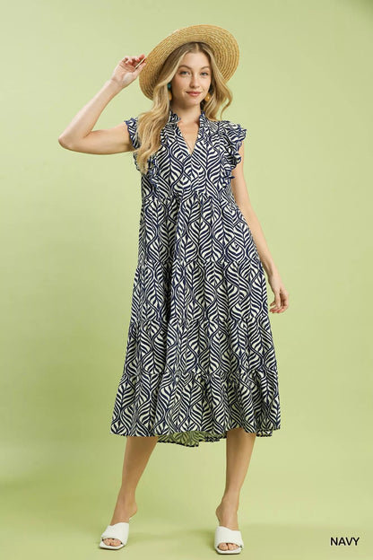 Umgee Leaf Print Tiered Midi Dress with Ruffle Detail - Bitsy Gypsy Boutique