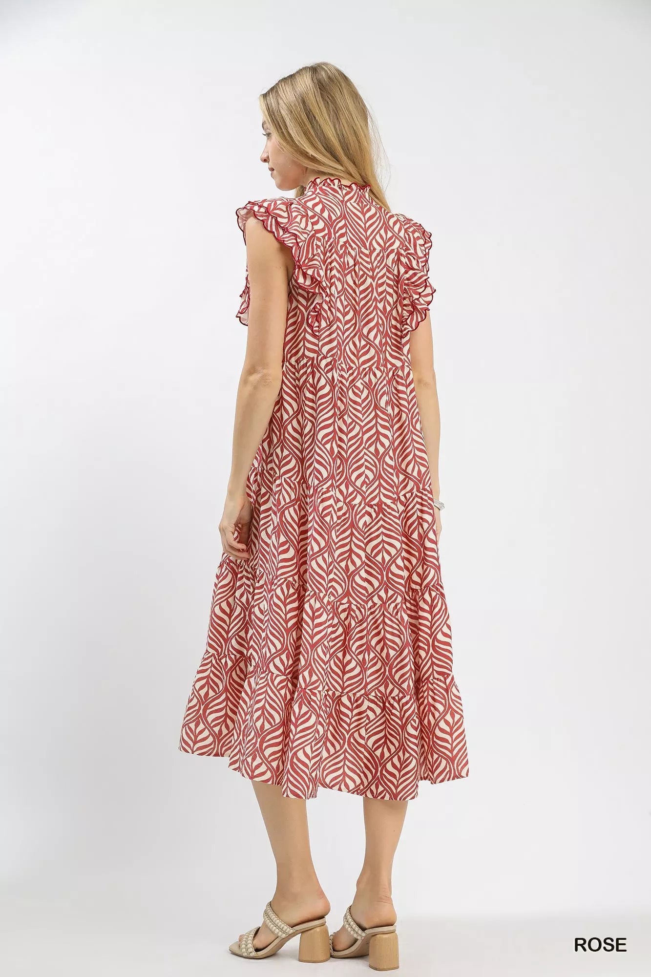 Umgee Leaf Print Tiered Midi Dress with Ruffle Detail - Bitsy Gypsy Boutique