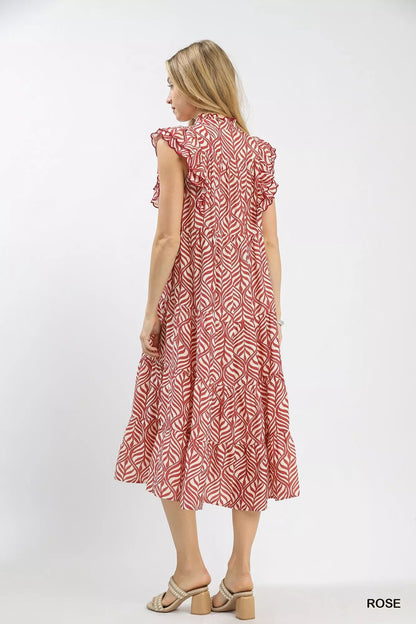 Umgee Leaf Print Tiered Midi Dress with Ruffle Detail - Bitsy Gypsy Boutique