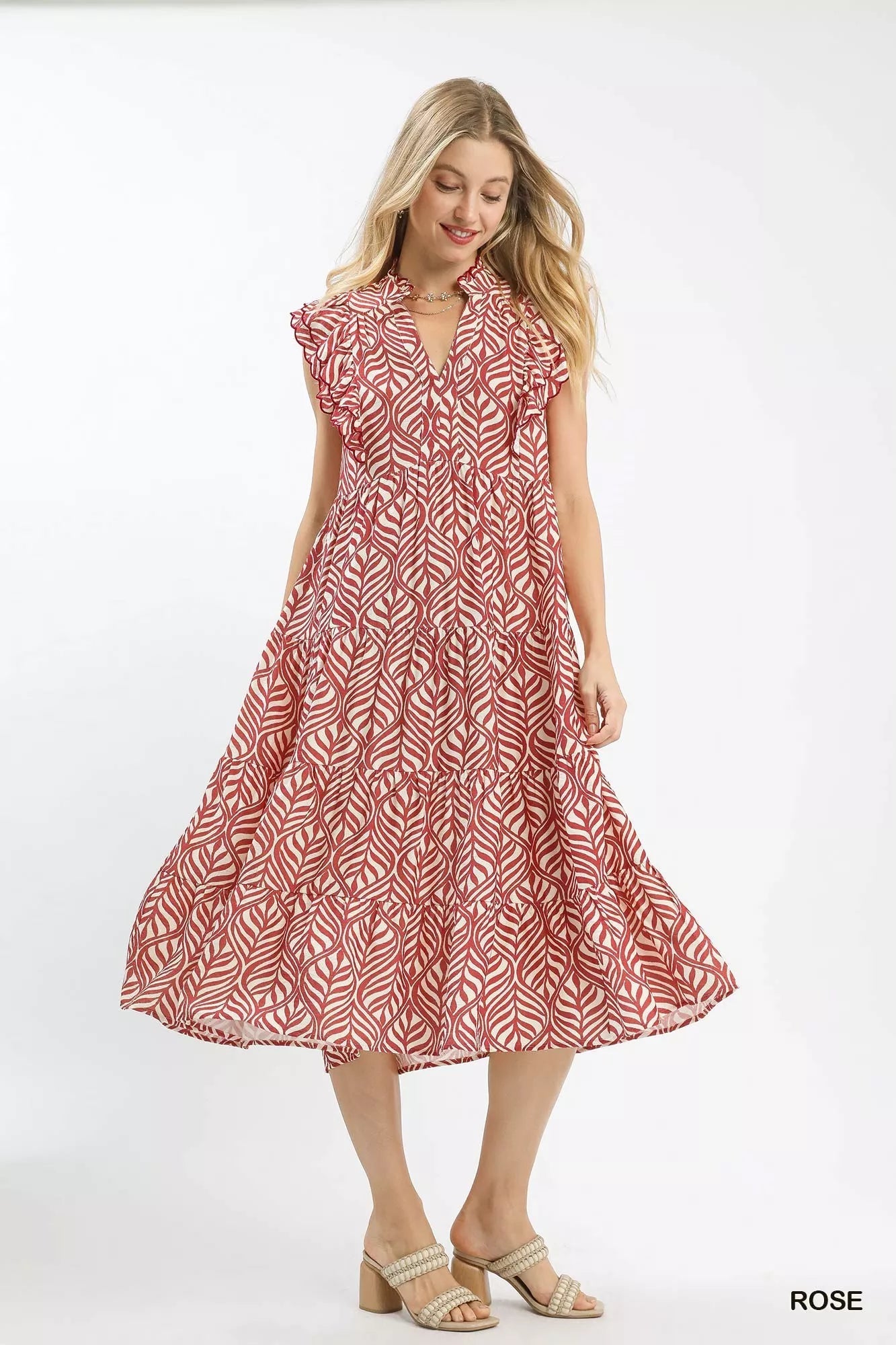 Umgee Leaf Print Tiered Midi Dress with Ruffle Detail - Bitsy Gypsy Boutique