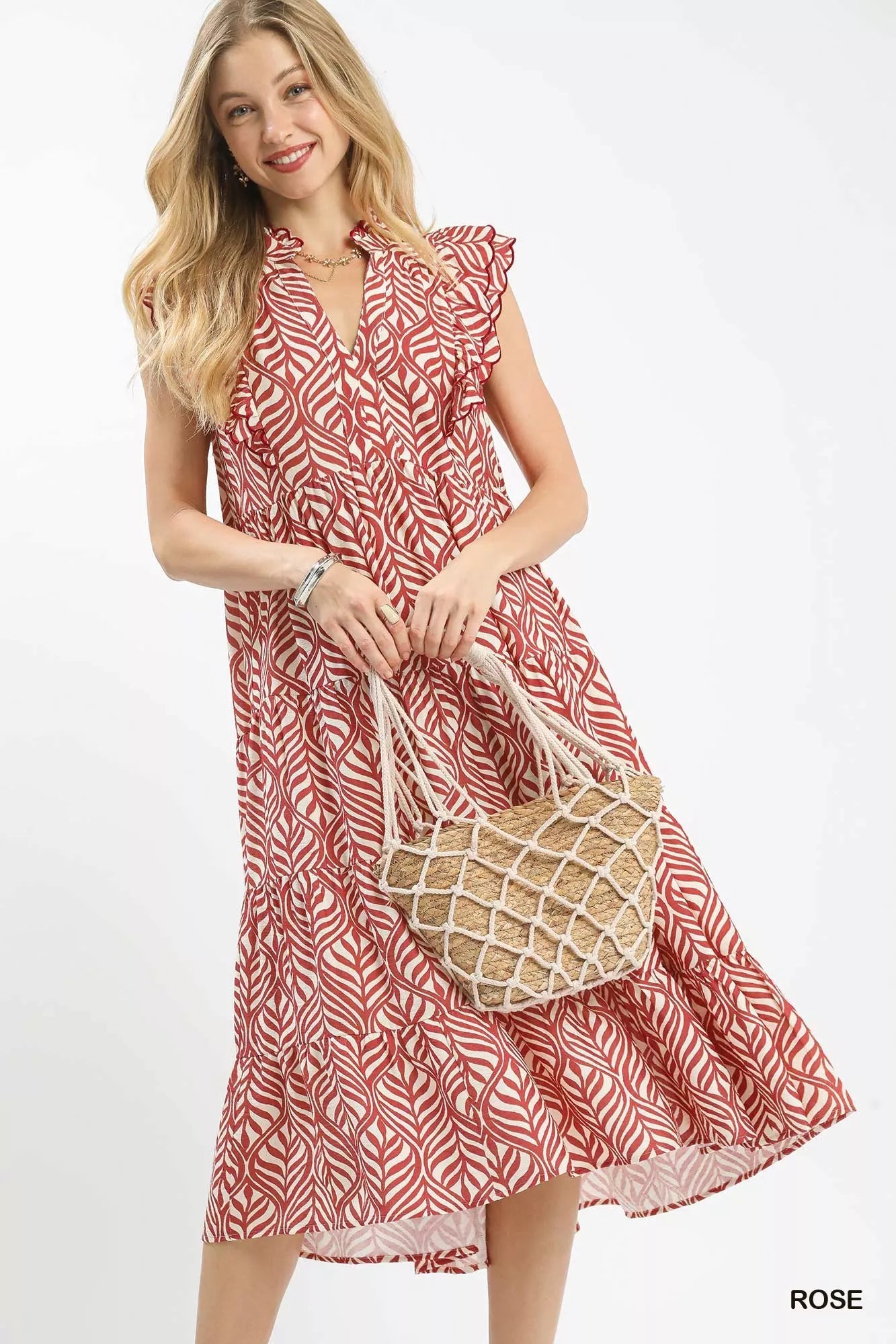 Umgee Leaf Print Tiered Midi Dress with Ruffle Detail - Bitsy Gypsy Boutique