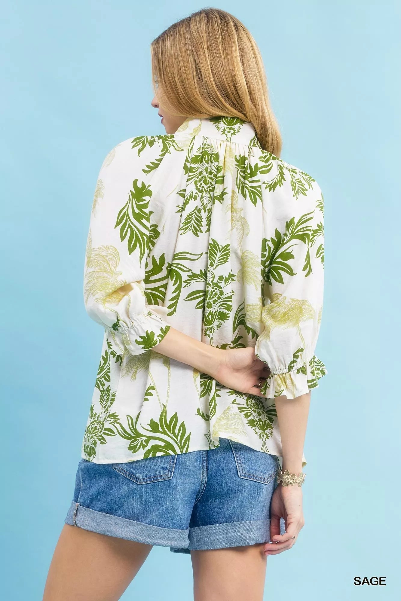 Umgee Leafy Damask Print Blouse with Contrast Scalloped Trim Detail - Bitsy Gypsy Boutique