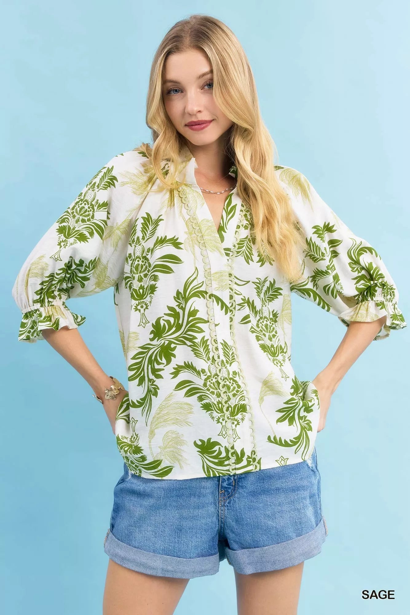 Umgee Leafy Damask Print Blouse with Contrast Scalloped Trim Detail - Bitsy Gypsy Boutique
