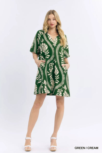 Umgee Leafy Ogee Print Mini Dress - Bitsy Gypsy Boutique