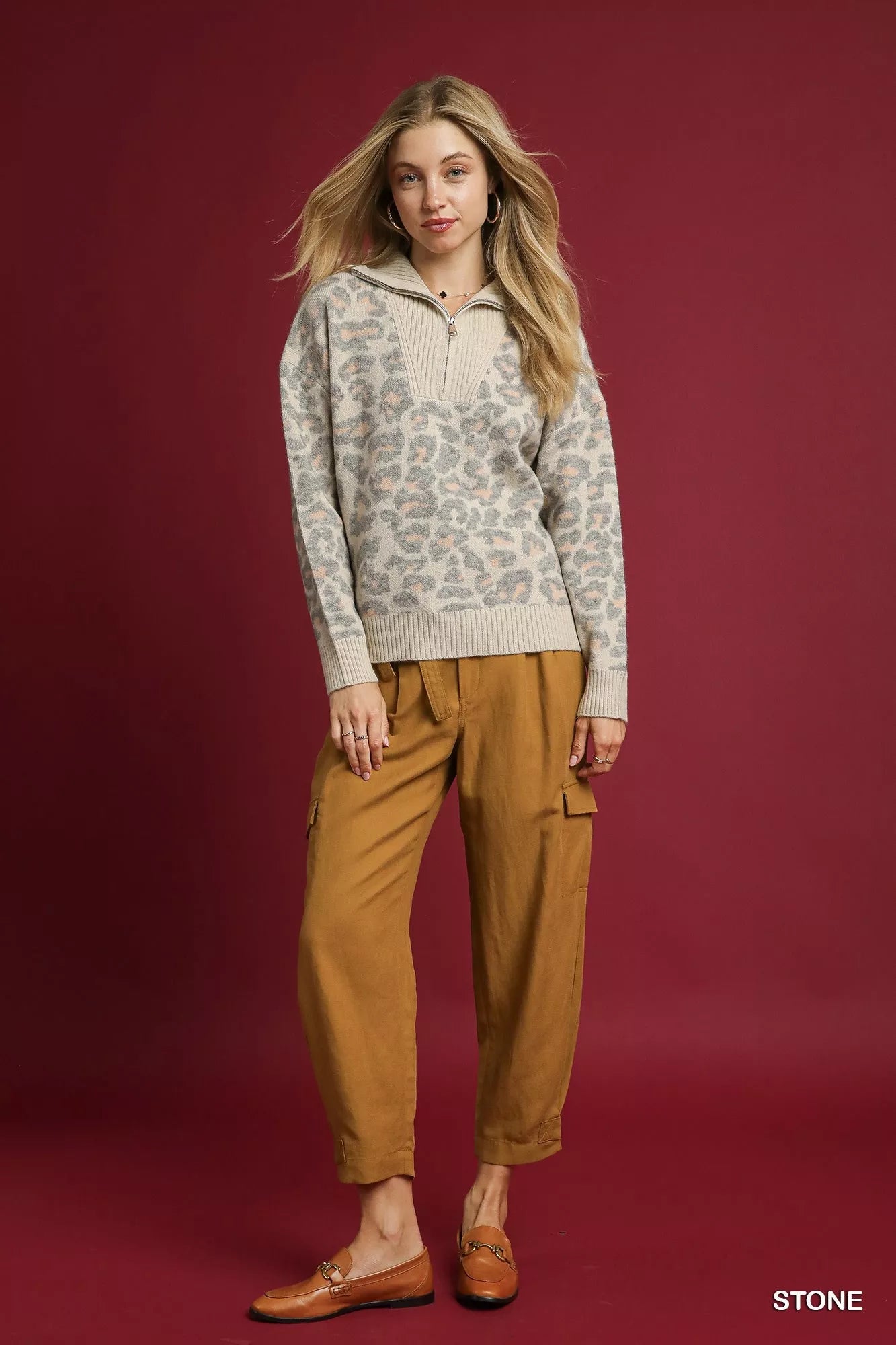 Umgee Leopard Print Quarter - Zip Knit Sweater - Bitsy Gypsy Boutique