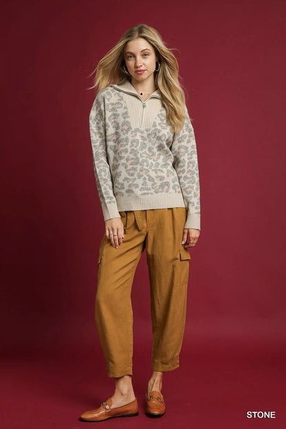 Umgee Leopard Print Quarter - Zip Knit Sweater - Bitsy Gypsy Boutique
