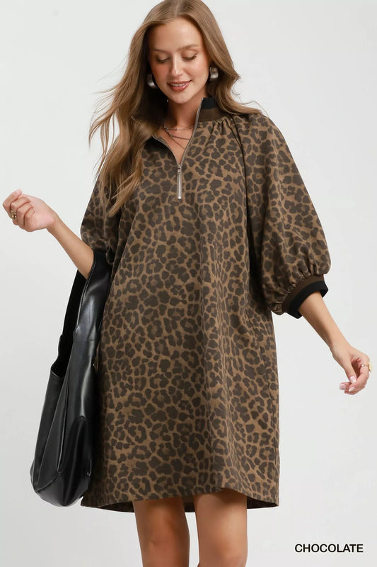 Umgee Leopard Print Quarter Zip Puff Sleeve Mini Dress - Bitsy Gypsy Boutique