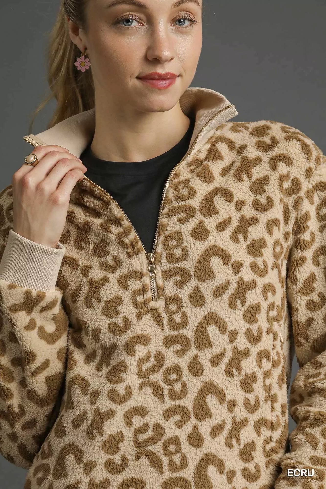 Umgee Leopard Print Quarter - Zip Sweatshirt - Bitsy Gypsy Boutique